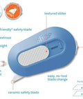 Slice mini box cutter, blue plastic with textured slider, ceramic safety blade, blade-change button.