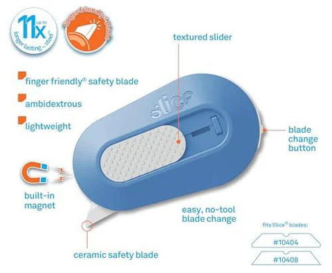 Slice mini box cutter, blue plastic with textured slider, ceramic safety blade, blade-change button.