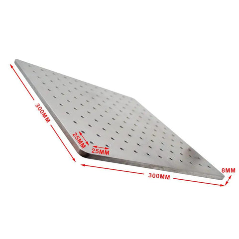 Pro Grade Stainless Steel Optical Plate With High Magnetic Conductivity For Experiments And Precision Labs Breadboard Workbench Steel Optical Table 300x300x8mm slanted view with dimensions