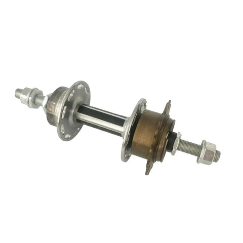 Rear Disc Brake Compatible 36 Hole Bicycle Hub For Disc Wheel Sets, side angle showing nutted axle and 14T flywheel