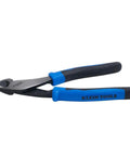 Heavy Duty 8 Inch Diagonal Cutting Pliers With Angled Head For Tight Spaces High Leverage Cutter Powers Through ACSR Screws Nails And Hardened Wire Made In USA, showing angled pliers with blue handles.