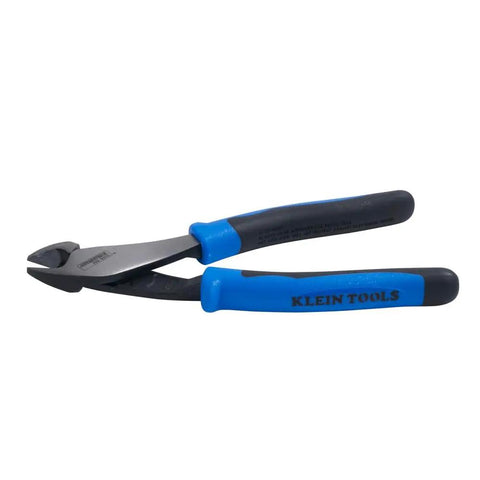 Heavy Duty 8 Inch Diagonal Cutting Pliers With Angled Head For Tight Spaces High Leverage Cutter Powers Through ACSR Screws Nails And Hardened Wire Made In USA, showing angled pliers with blue handles.