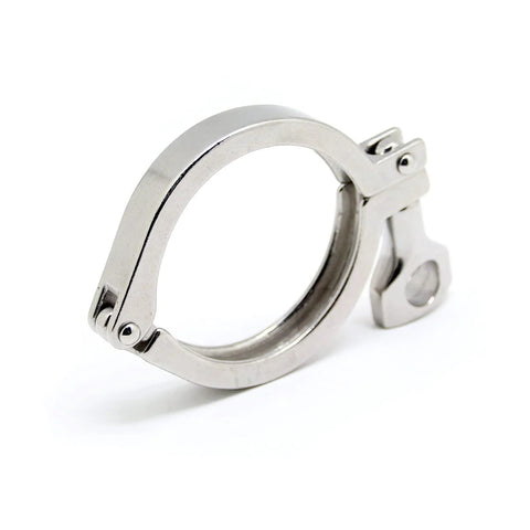Side view of QMINOX 2.5-inch stainless steel sanitary tri-clamp with wing nut