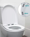 Eight Piece Toilet Seat Bumpers Kit with Self Adhesive Cushions shown on a toilet lid with noise-reducing ABS and TPU pads.