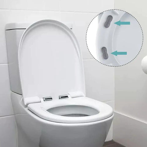 Eight Piece Toilet Seat Bumpers Kit with Self Adhesive Cushions shown on a toilet lid with noise-reducing ABS and TPU pads.