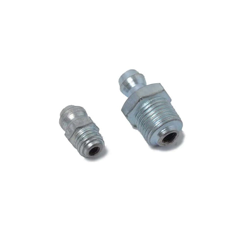 Two steel fittings from 80 Piece Grease Fitting Assortment Kit With Angled And Straight Nozzles For Easy Lubrication In Automotive And Machinery Maintenance Keeps Your Gear Running Smoothly And Prevents Wear on white background.