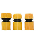 20 Pack Quick Connect Garden Hose Fittings Set With 1/4 Inch To 1 Inch Sizes For Quick No Fuss Hose Repair, Drip Irrigation, And Watering System Connectors Made From Durable Plastic. Three yellow plastic hose fittings shown front view.