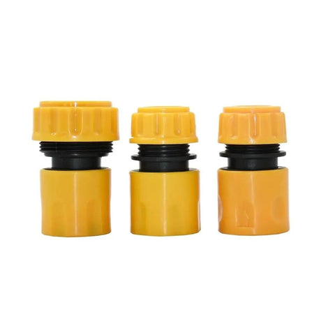 20 Pack Quick Connect Garden Hose Fittings Set With 1/4 Inch To 1 Inch Sizes For Quick No Fuss Hose Repair, Drip Irrigation, And Watering System Connectors Made From Durable Plastic. Three yellow plastic hose fittings shown front view.