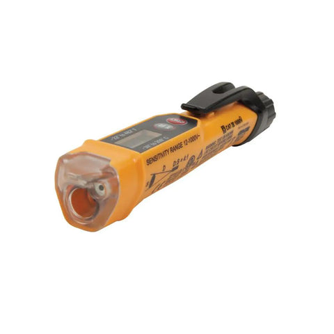 Close-up of Non Contact Voltage Tester With IR Thermometer For HVAC Detects 12 To 1000 V AC With pocket clip and LED display.