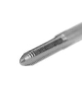 Close-up of 6-32 UNC High Speed Steel Thread Tap Set For Quick Screw Threading, 3-flute tip, metal threading tool.
