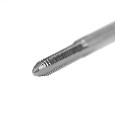 Close-up of 6-32 UNC High Speed Steel Thread Tap Set For Quick Screw Threading, 3-flute tip, metal threading tool.