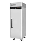 Real Deal Heavy Duty Workhorse One Door Reach In Freezer With Eighteen Point Seven Cubic Feet Capacity And Smooth Rolling Wheels, stainless steel exterior.