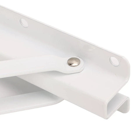 Beefy Wall Mount Folding Shelf Bracket For RVs And Boats, Rustproof Cold Rolled Steel, close-up of the hinge and fitting