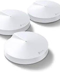 Three white units of AC2200 Mesh WiFi System For Whole Home Coverage Up To 6500 Sq Ft With Tri Band Speeds And Dynamic Backhaul OneMesh Enabled