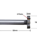 Side view of NACX HSS-AL T-slot end mill, 60mm length, 10mm diameter, 2mm flute width, 6 flutes, unfinished