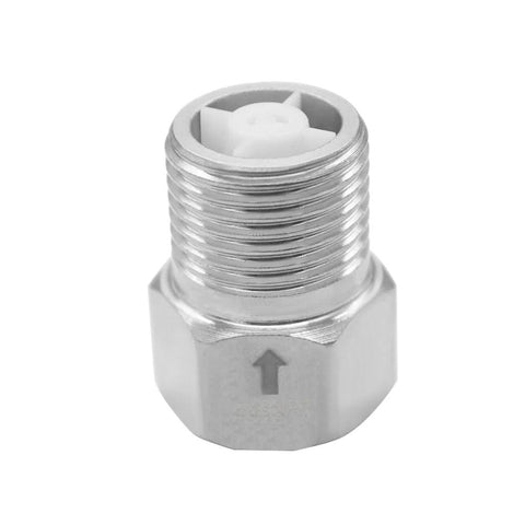 BesNPT stainless steel 1/2-in female to 1/2-in male check valve with flow arrow.
