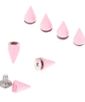 Pink 7X10MM Cone Punk Screw Back Spikes And Premium Heavy Metal Studs To Upgrade Badass Fashion Apparel Embellishments Gonna Slay Leather Crafts And Dope Diy Projects Today, set of pink cone spikes with screw backs.