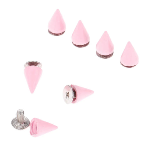Pink 7X10MM Cone Punk Screw Back Spikes And Premium Heavy Metal Studs To Upgrade Badass Fashion Apparel Embellishments Gonna Slay Leather Crafts And Dope Diy Projects Today, set of pink cone spikes with screw backs.
