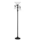 Traditional Torchiere Floor Lamp With Two Reading Lights, 72 Inches Tall, Oil Rubbed Bronze Finish, Rustic Leaf Accents And Frosted Glass Shades
