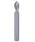 Front view of a silver tungsten steel drill bit with long straight shank and spiral cutting flutes
