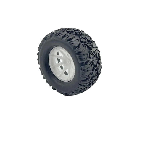 Single wheel from Four Pack 55mm Toy Car Wheel Set With 3mm Shaft Axles For RC Cars And DIY Model Builds, showing rubber tire