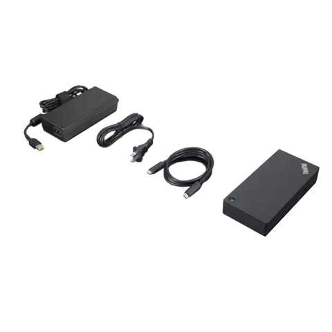 Rock Solid Thunderbolt 4 Dock With 100w Charging And 4k Screen Support featuring a black power adapter and multiple cables.