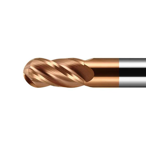 Carbide ball nose end mill bit, 1/4 in shank, 2 in OAL, 4-flute TiSiN coated, for alloy steels (close-up view)