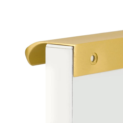 Close-up side view of 10 Pack 5 Inch Matte Gold Finger Pulls For Cabinets And Drawers Brushed Brass Edge Hardware installed on white cabinet.
