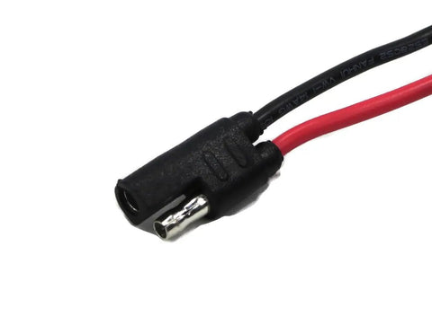 Heavy Duty 12 Volt Diaphragm Water Pump connector wires close-up, showing black and red leads for power connections.