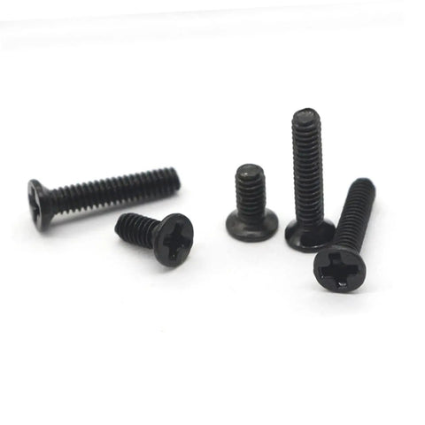 Heavy Duty Small Screw Assortment Kit Featuring 18 Miniature Flat Head Machine Screws Forged From Solid Carbon Steel Inside A Compact Carrying Case Ideal For Notebook Or Glasses Fixes Smooth Sailing With Zero Sweat, showing assorted black screws.