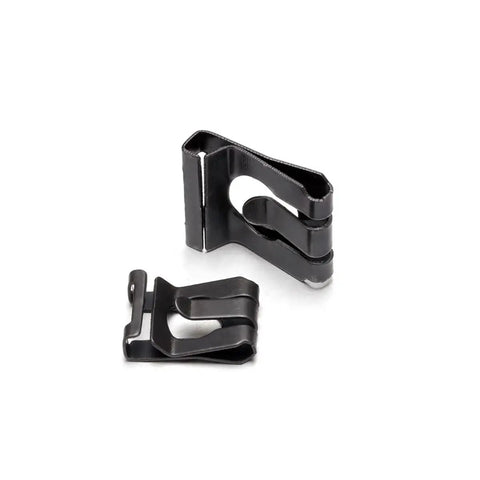 Top Tier 10 To 160 Pcs Manganese Steel U Shape Clips With Elastic Loosening Clamps For Shaft Hardware And Heavy Duty Washers In Black Sizes M4 Through M16, two black metal clips.