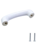 White Glossy Ceramic Cabinet Pulls Arch Shaped 4 Pack Dresser Knobs With 3.03 Inch Hole Centers and screws displayed on a white backdrop