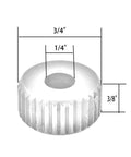 Straight Shape Fine Knurling Wheel, Thirty Three LPI, High Speed Steel, Three Quarters Inch Outer Diameter, Three Eighths Inch Width, One Quarter Inch Hole, Sold As A Pair For Precision Metal Lathe Turning And Machining, showing wheel dimensions.
