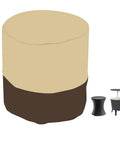 Outdoor Patio Bar Table Cover For Round 21 Inch Diameter And 23 Inch High Fits Keter 7.5 Gallon Cool Bar End Tables Beige Waterproof 420D Polyester With Rainproof Backing For Small Outdoor Side Tables, shown covering a table.