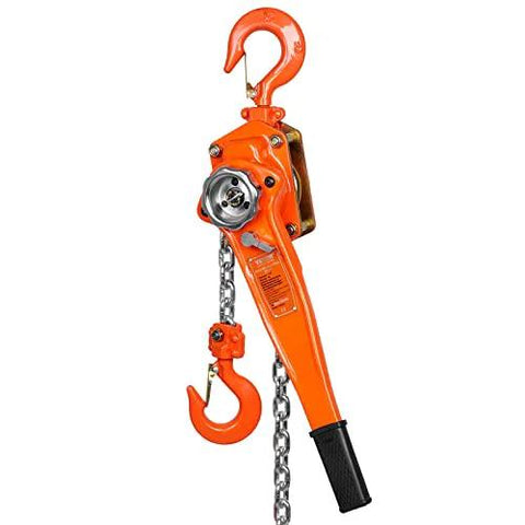 VEVOR manual lever chain hoist, 1-1/2 ton capacity, orange galvanized carbon steel, 360° rotating hook