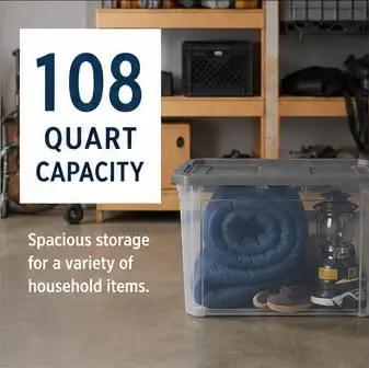 Tackle The Mess Fast With This Beast Mode 108 Quart Stackable Storage Bin Packing Dang Solid Snap Latches And Crisp Clear Plastic For Foolproof Closets And Garage Decluttering, showcasing clear plastic bin holding blankets.