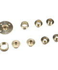 Hella Precise 10 Piece Brass Router Guide Bushing Set Featuring Slick Template Base Plate And Rock Solid Centering Pin For Top Shelf Woodworking Tasks And Universal Machine Fit, brass alignment sleeves and base.