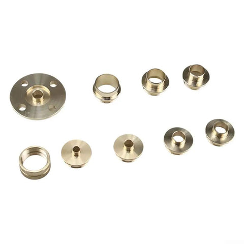 Hella Precise 10 Piece Brass Router Guide Bushing Set Featuring Slick Template Base Plate And Rock Solid Centering Pin For Top Shelf Woodworking Tasks And Universal Machine Fit, brass alignment sleeves and base.