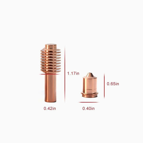 20 Pack Plasma Electrode And Nozzle Kit 52574 51206.11 70A For X45 Vipercut 30 showing copper electrode and nozzle with dimensions