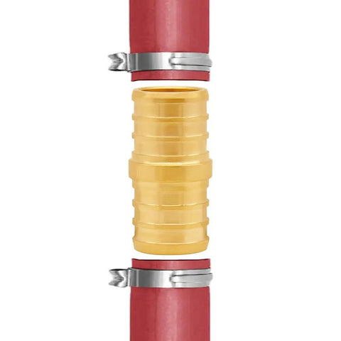 15 Piece Lead Free Brass 3/4 Inch PEX Straight Crimp Coupling Set For Plumbing Fittings with red tubing and clamps
