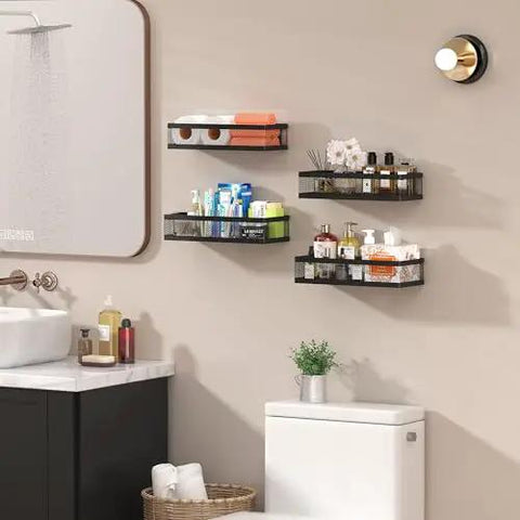Heavy Duty Mesh Shower Caddy Wall Mount With Grip Tight Adhesive Bathroom Shelf Organizer Rust Proof Kitchen Pantry Rack Holds Heavy Gear Up To Fifty Pounds Nailed Easy Install Black Two Pack Bundle