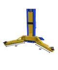 Bottom view of Boss Shop Two Post Auto Lift with 36" symmetrical arms for heavy trucks and maintenance use.