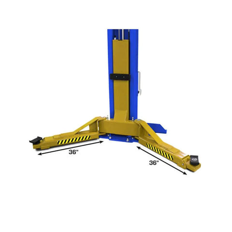 Bottom view of Boss Shop Two Post Auto Lift with 36" symmetrical arms for heavy trucks and maintenance use.