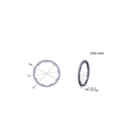 Spacer Washer Set For Flywheel And Cassette On MTB And Road Bikes Including 7/8/9/10/11S Hubs Dialed In 1mm, 1.5mm, 1.85mm, 2mm X2, 2.18mm, 2.35mm, 2.5mm Spacers Precise Machined Tolerances For Vibration Reduction And Lightweight Build diagram with dimensions.