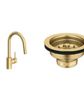 GROHE Concetto Dual-Spray Single-Handle Pull-Down Kitchen Faucet and Sink Strainer in brushed gold finish.