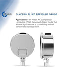 Front view of glycerin-filled 2-1/2 inch stainless steel pressure gauge with 1/4 inch NPT lower mount