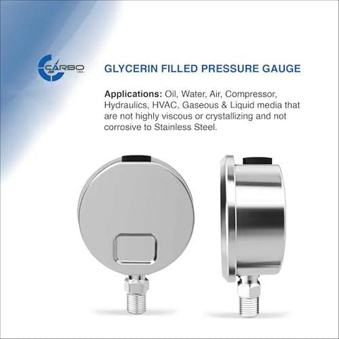 Front view of glycerin-filled 2-1/2 inch stainless steel pressure gauge with 1/4 inch NPT lower mount