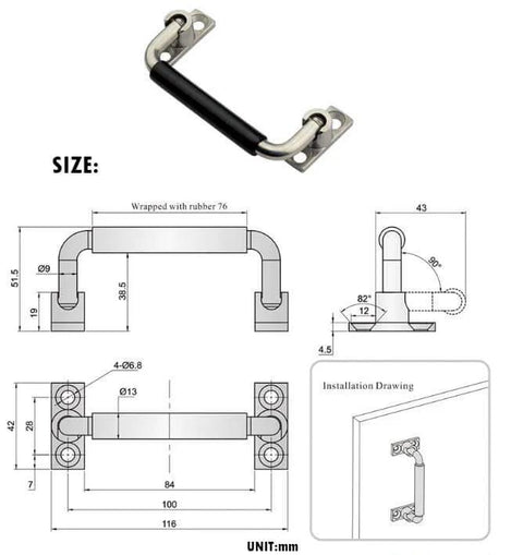 Diagram of Stainless Steel Folding Cabinet Handle 4 Inch 90 Degree Pull With Rubber Grip, installation on kitchen cabinet door.