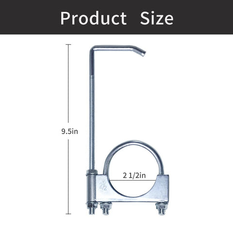 Universal Exhaust Clamp With Hanger Kit For Two And A Half Inch Exhaust Pipe, Heavy Duty Zinc Coated Steel Mount shown with measurements