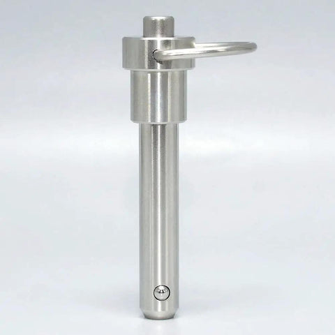 Hardcore Marine Grade Stainless Steel Ball Lock Pin Quick Release Tool With Zero Slack Button Indexing And Tight Grip 9/16 Inch Diameter Plus 2 Inch Length For Road Ready Builds - front view showing pull ring and clamp length.
